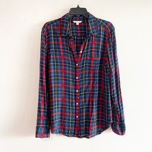L.L.Bean Signature Plaid Button Down Rayon Top Large